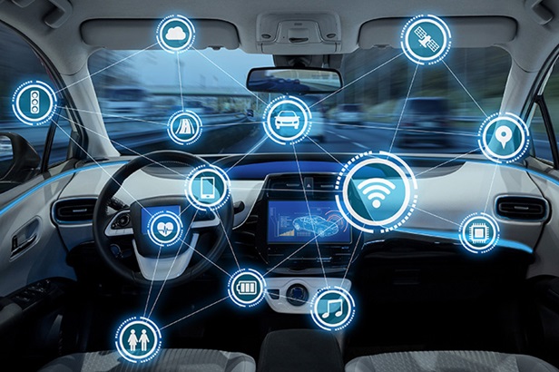 Car interior with connected floating symbols representing how a car is connected via intelligence